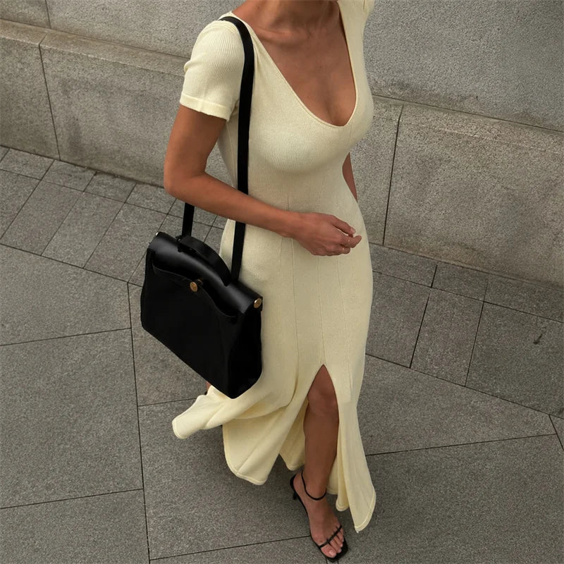 Tsiisd Ribbed Knit Maxi Dress For Women Deep V-Neck Slim High Slit Elegant Patchwork Commute Party Dress Women Knitwear Dress