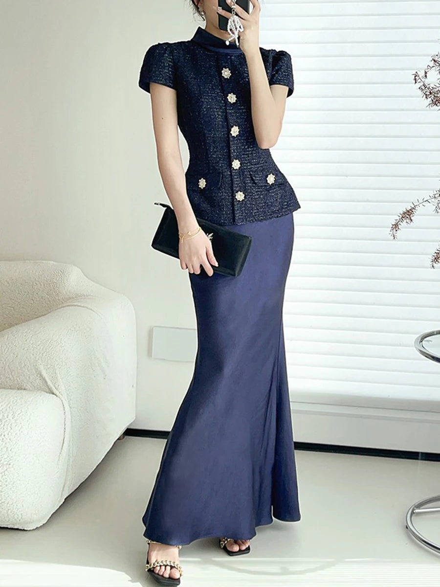VGH Chic Two Piece Sets for Women Stand Collar Short Sleeves Spliced Pocket Tweed Top High Waist Maxi Skirts Vintage Suit Female
