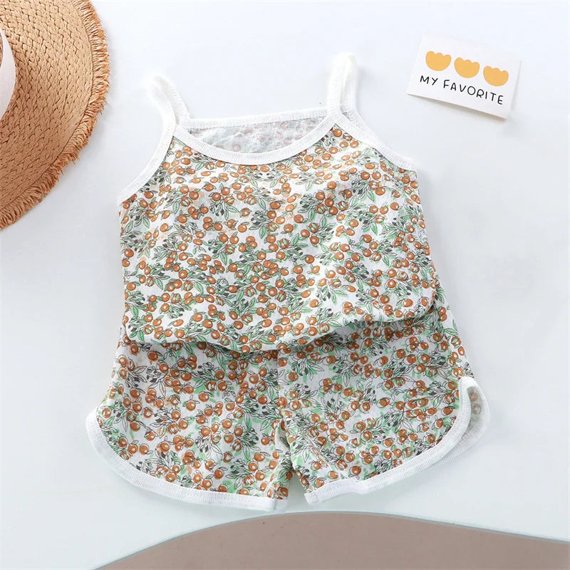 2026 New Kids Tops+shorts Set Summer Thin Baby Cotton Vest Sleeveless Loungewear Set for Girls Suit