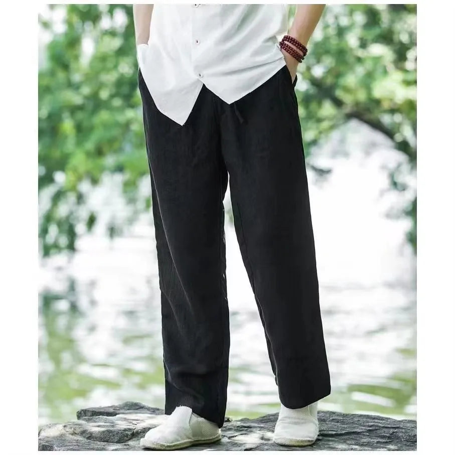 M-4XL Men's Cotton Linen Streetwear Pants Casual Loose Fit Summer Sweatpants Breathable Comfortable Long Trousers Home