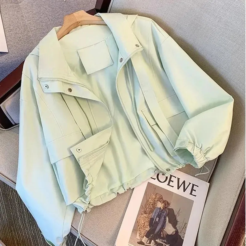Short Hooded Jacket Women's Spring Autumn 2026 New Lady Loose Thin Work Jacket Top Solid Casual Student Zipper Outwear
