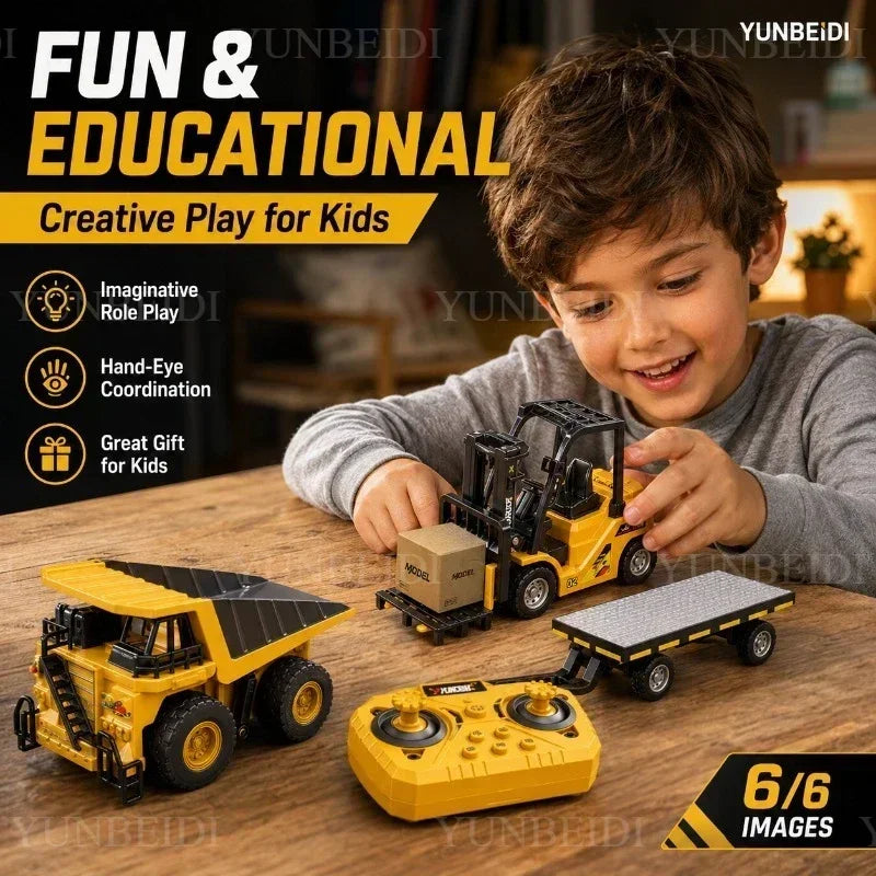 1:64 RC Mini Alloy Car Forklift with Trailer Excavator Desktop Game 2.4G Remote Control Engineering Lift Truck Child's Toy Gifts