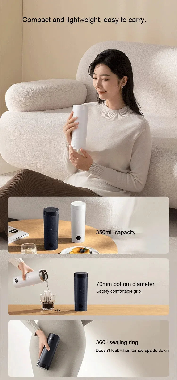 XIAOMI Mijia Portable Electric Kettle 2, 350ml Travel Water Boiler & Insulate Cup 2 in 1, 6 Temperature, 300W for Hotel Dorm