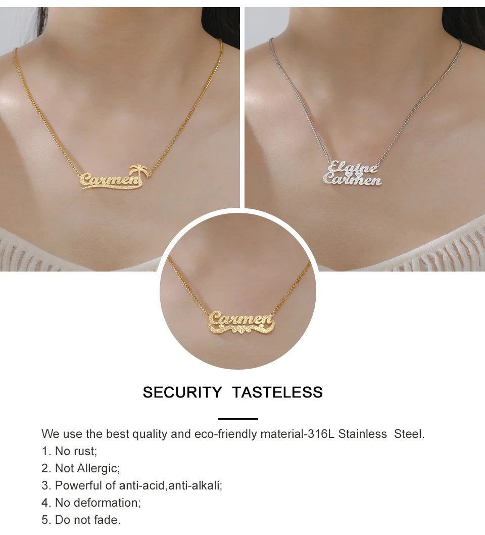 My Shape Custom Name Sparkling Necklaces Stainless Steel Customized Bling Frosted Pendants Personalized Name Chain Jewelry Gifts