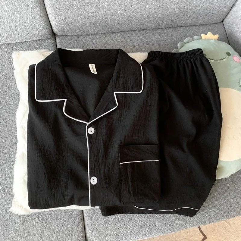 Youth Men's Slim Fit New Pajama Set Solid Color Short Sleeve Lapel Top and Elastic Shorts Pajamas Summer Loungewear Sleepwear