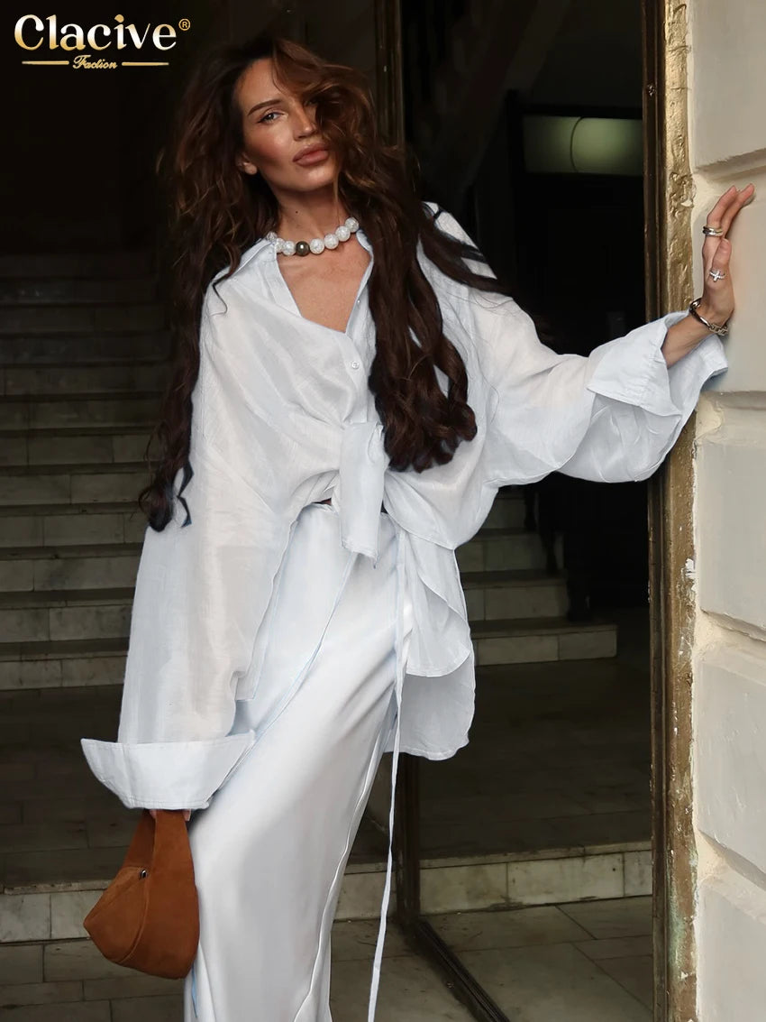 Clacive Fashion Loose Blue Women's Blouse 2025 Sexy Lapel Long Sleeve Shirt Elegant Classic Solid Blusas Tops Female Clothing