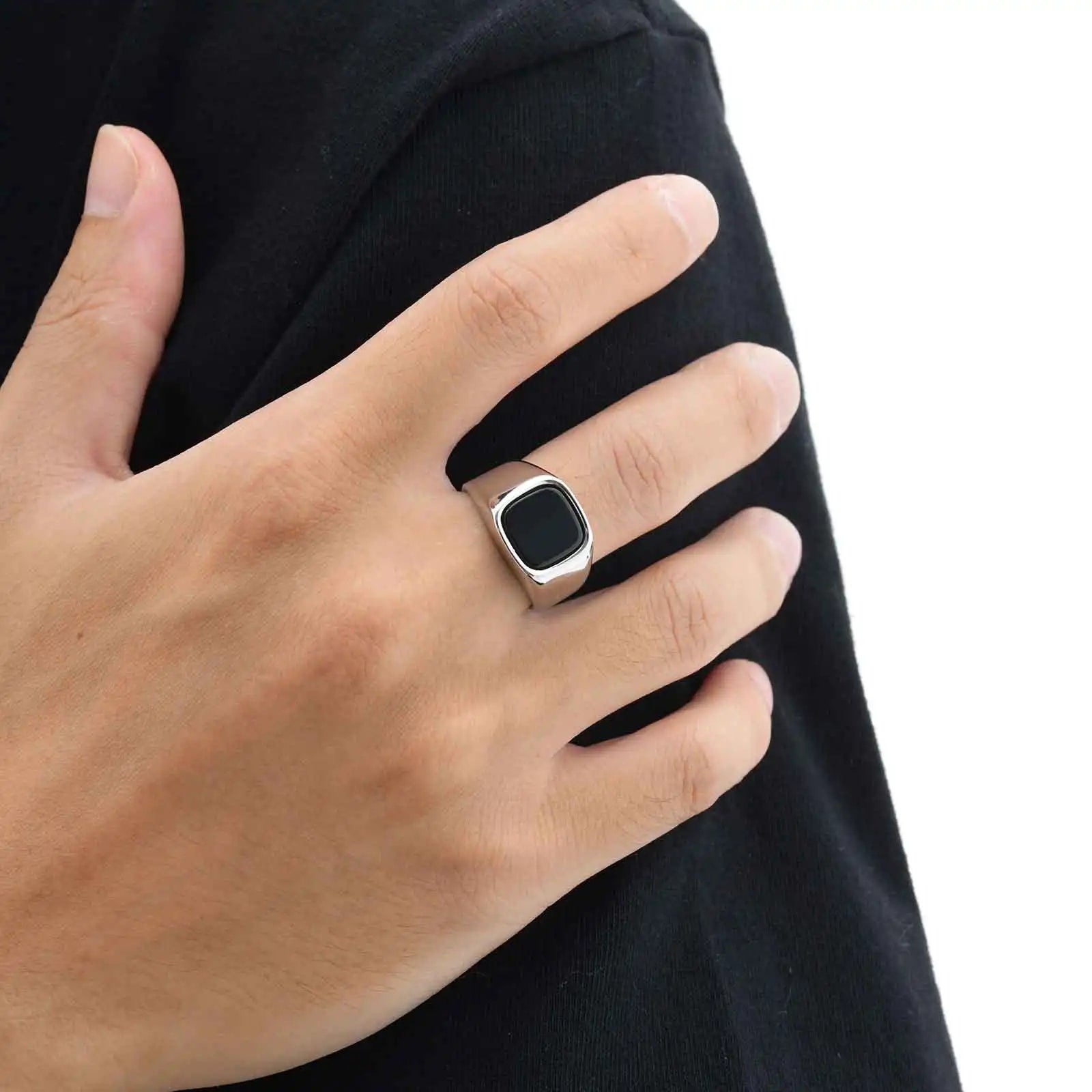 Men's High-Quality Stainless Steel Square Signet Ring with Black Glass And Natural Tiger Eye Stone - Fashion Classic Jewelry