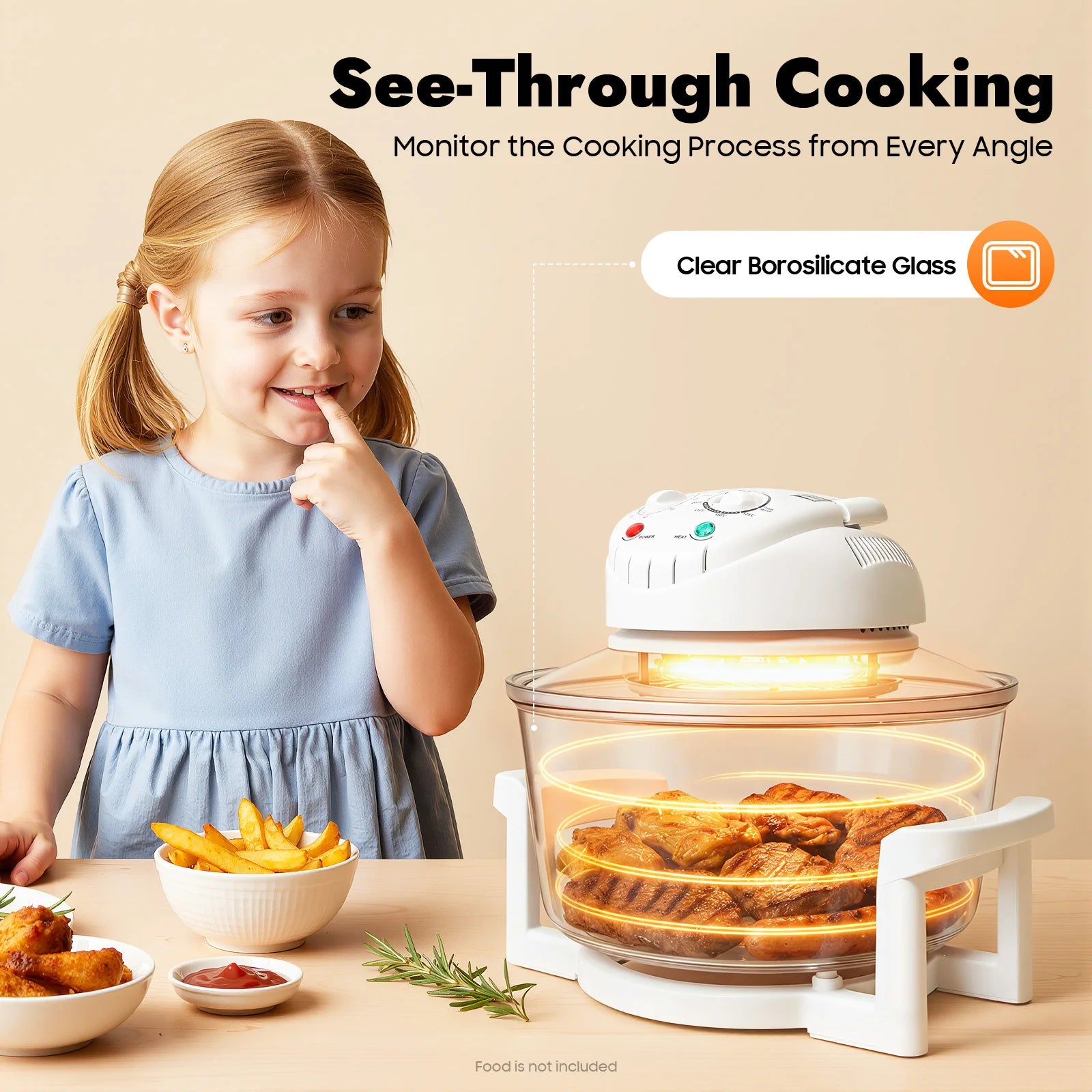 110V 17.96Qt Visual Air Fryer 1200-1400W 360° Hot Air Circulation Oil-Free Cooker with Grill Rack for Home Kitchen