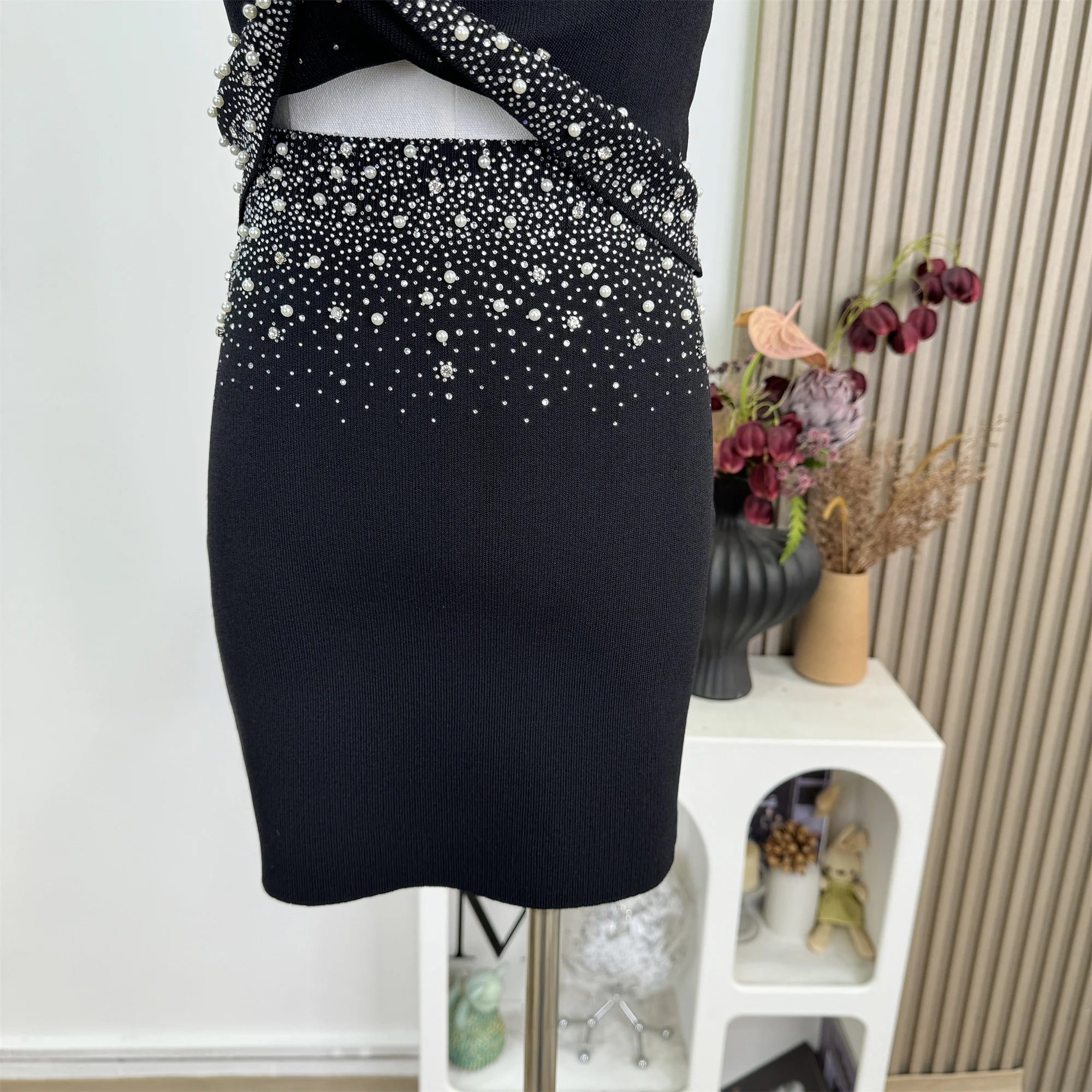 Womem Nail Bead Top + Short Skirt Two Piece Outfit Ensemble Femme High Quality French Luxury Diamonds Knitted 2 Piece Set