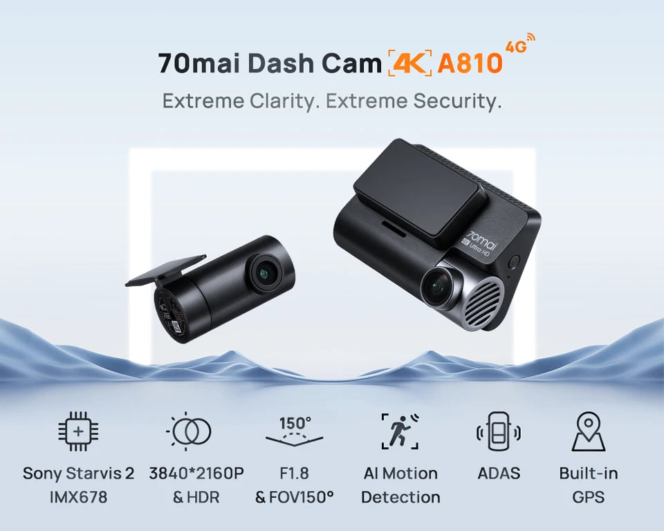70mai 4K Dash Cam A810 Front Rear Set Suppor 4G Module LTE UP04 Remote Control GPS ADAS Car DVR 70mai A810 Car DVR