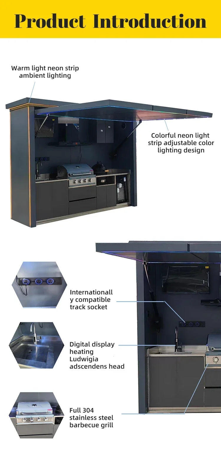 Customized outdoor kitchen in black appearance, affordable cost and stainless steel canopy included