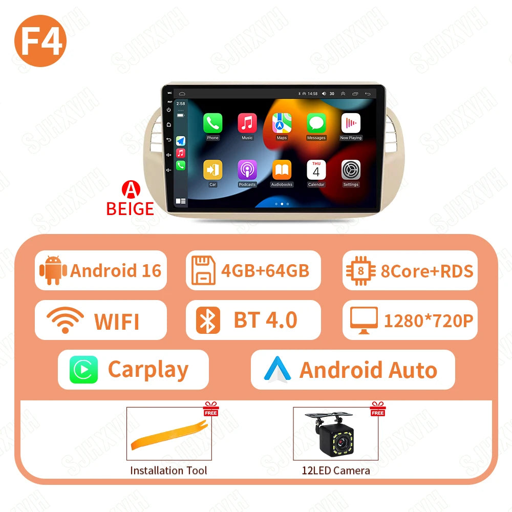 Car DVD Android 16 Radio Stereo For Fiat 500 2007-2015 Auto Multimedia Player GPS Navigation Head Unit High-Performance WIFI