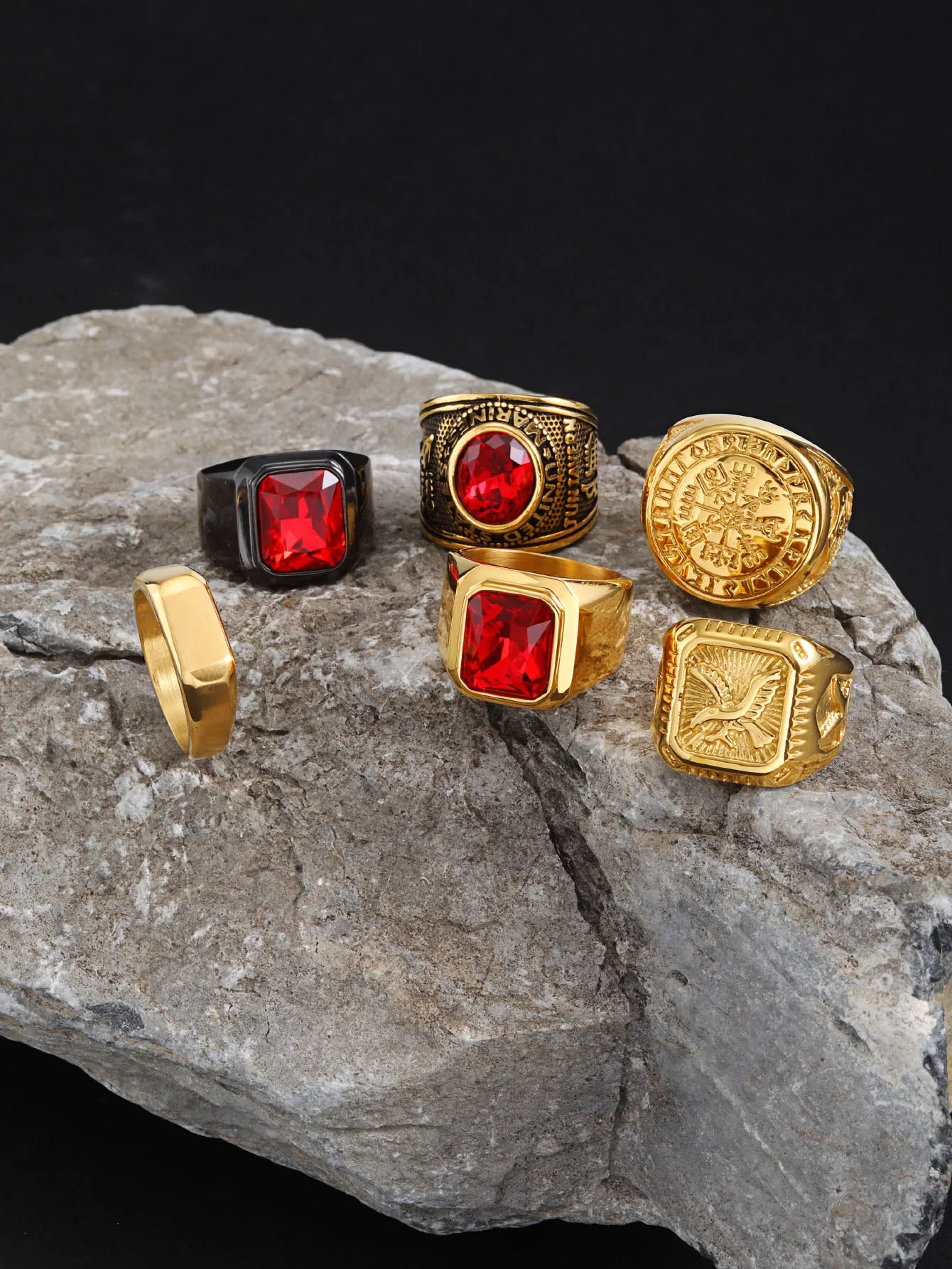 Vintage Punk Natural Red Stone Ring for Men, Gold Plated Stainless Steel Chunky Signet Ring, High Quality Fashion Jewelry Gift