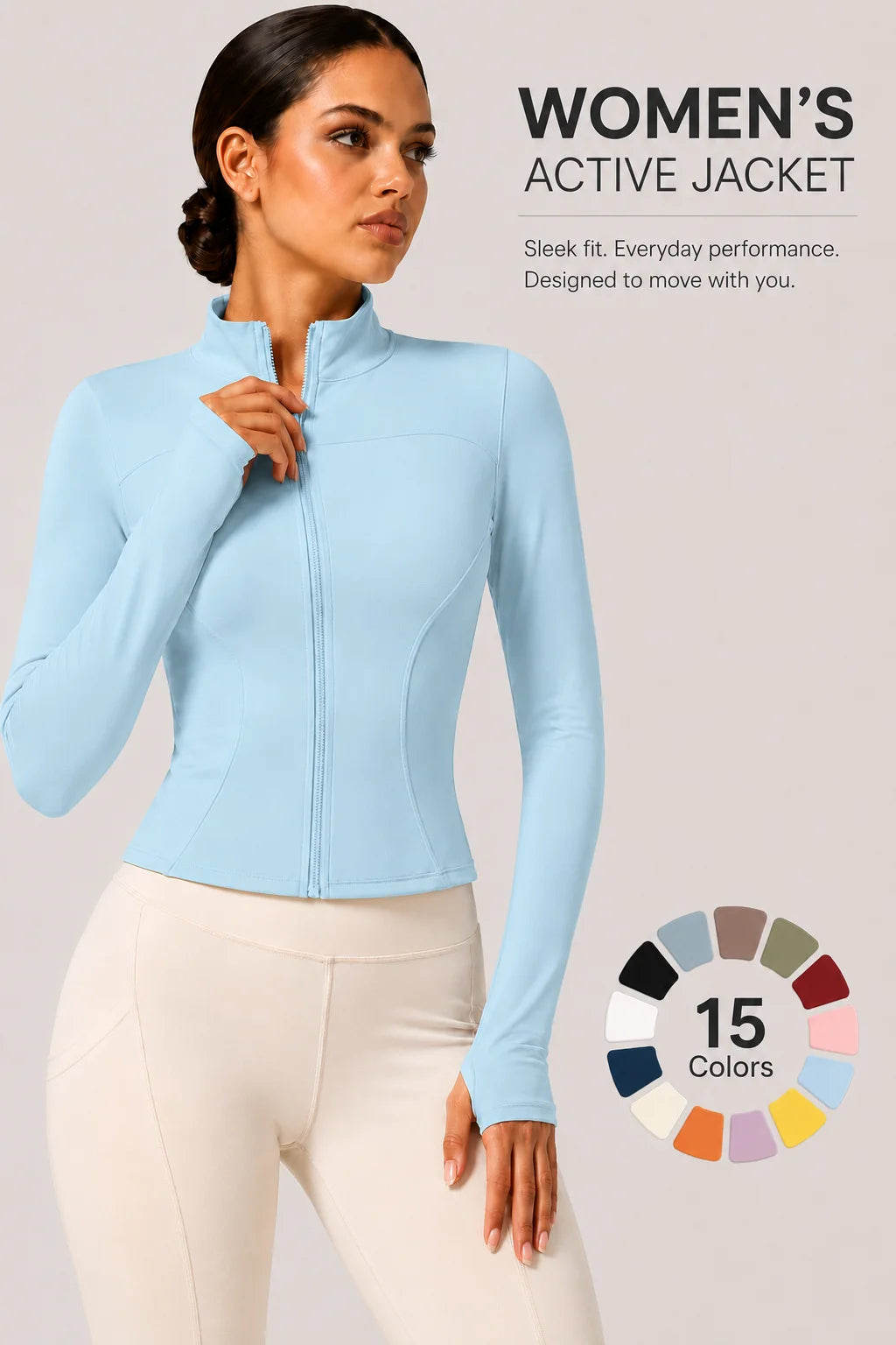 Women's Full-Zip Yoga Jacket, Slim Fit Long Sleeve Athletic Top with Thumb Holes, Lightweight Stretchy Workout Jacket for Runnin