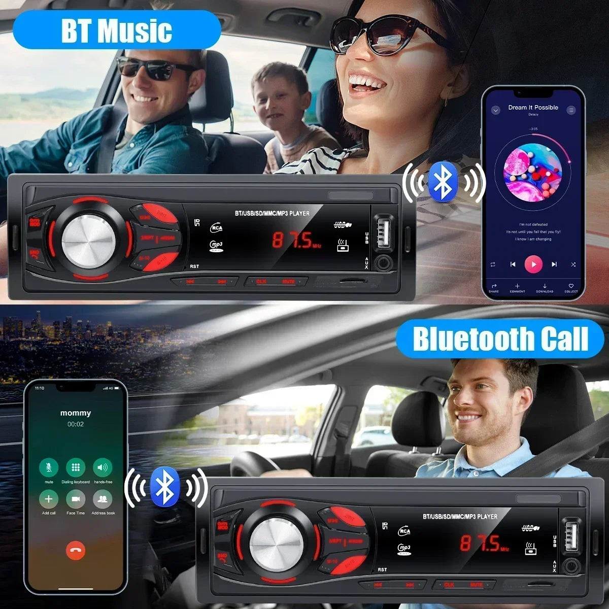 Bluetooth Enabled Stereo Car Radio, FM Receiver with MP3 & Hands-free Calling Including Card Insertion
