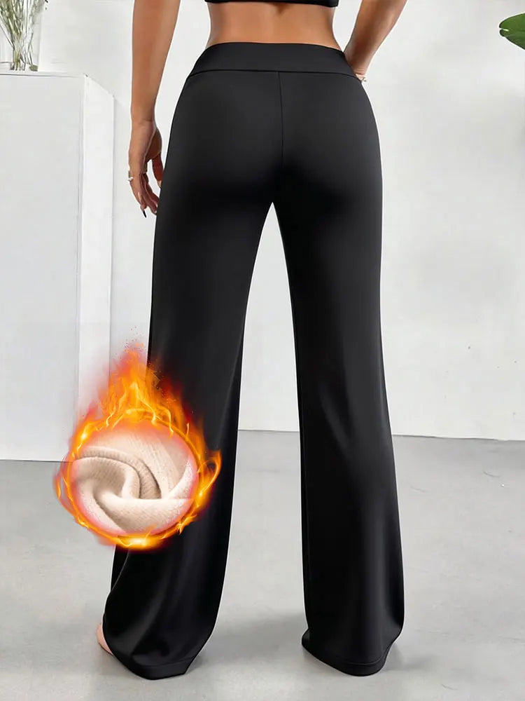 Warm Fleece Lined Wide Leg Pants Winter High Waist Warm Straight Leg Pants Women's Soft Apparel Casual Long Trouser Outdoor Wear