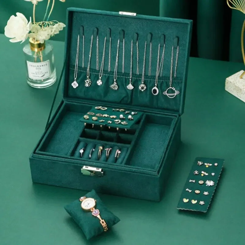 Pink Green 2-Layer Flannel Jewelry Organizer Box Necklaces Earrings Rings Display Holder Case for Women Large Capacity With Lock