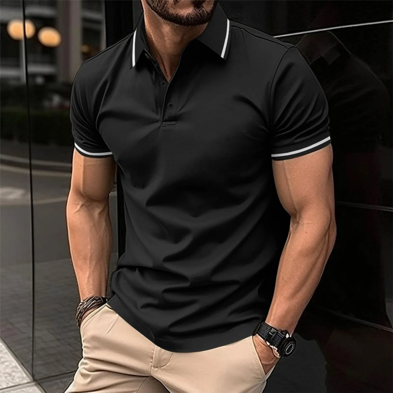 Summer Men'S Shirt, Unbuttoned Ribbed Collar Polo, Sporty Loose Short Sleeves, Basic Style, Comfortable And Breathable, Casual T-Shirt