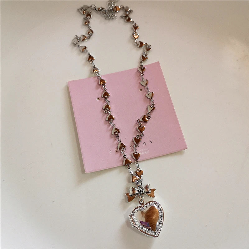 Goth Y2k Aesthetic Heart Locket Pendant Open Female Silver Color Stainless Steel Photo Frame Charm Necklace Women EMO Jewelry