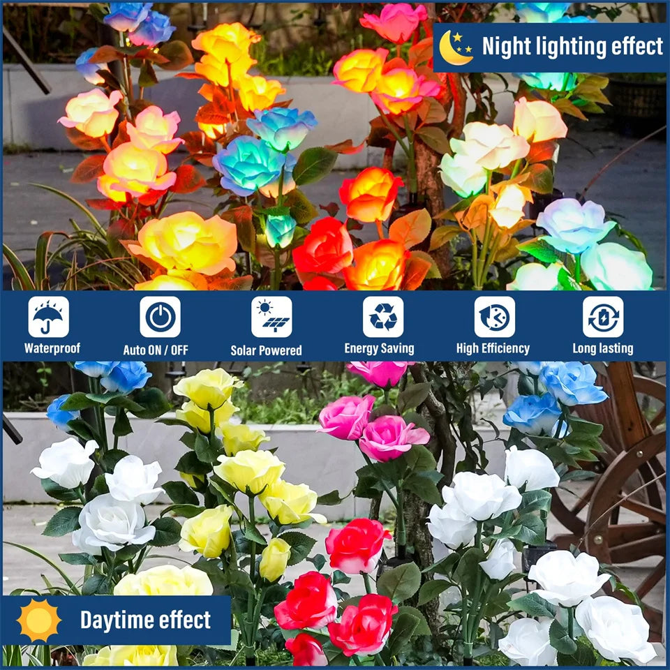 Solar Garden Lights Waterproof LED Outdoor Simulation Rose Flower Solar Light Pathway Lights for Yard Garden Backyard Decor ﻿