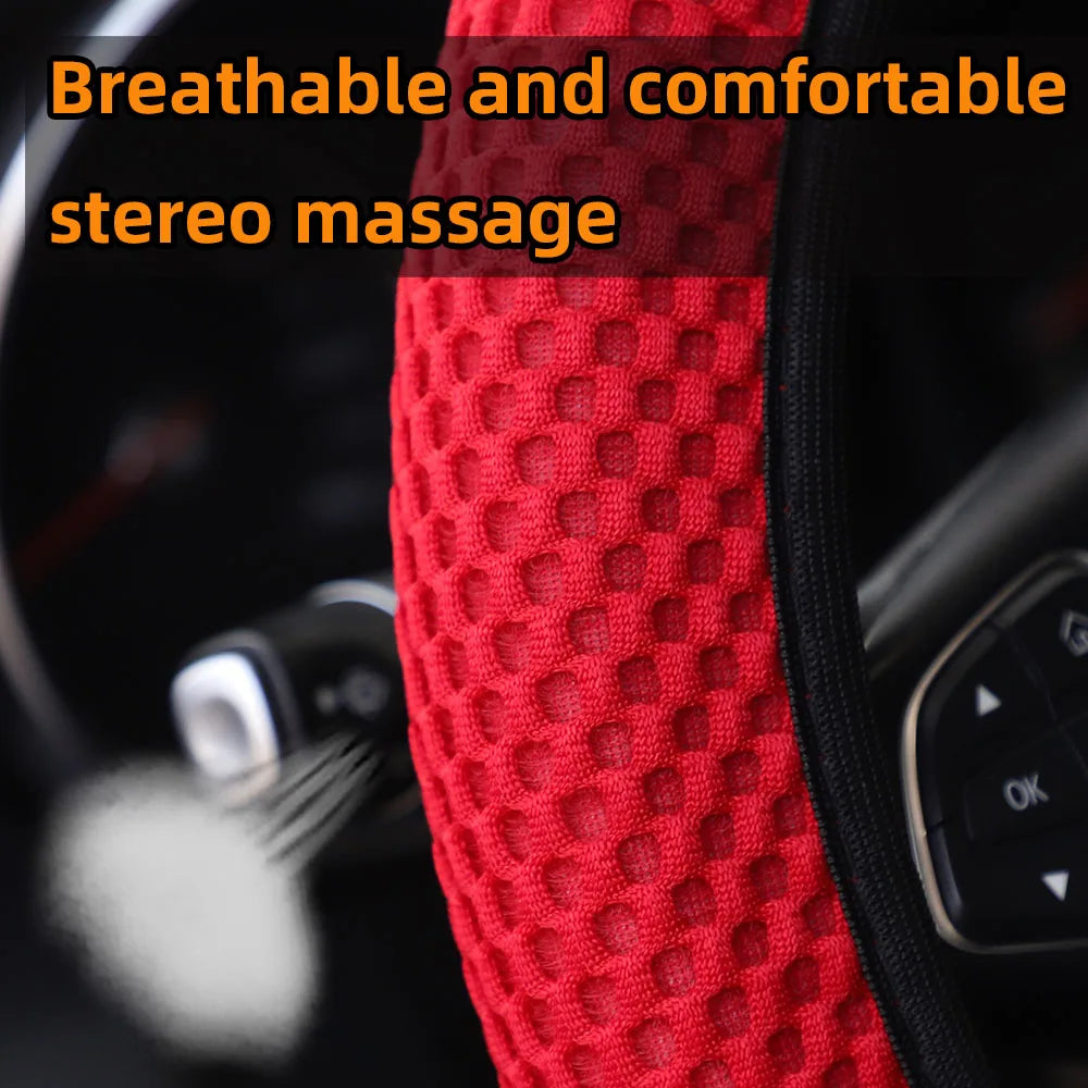 3 Car Massage Mesh Cloth Steering Wheel Cover Handbrake & Handle Cover Set Breathable No Inner Ring for 14.5-15 Inch Accessories