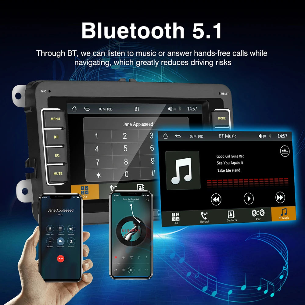 7 Inch Car Stereo For VW Touchcreen BT AM/FM Radio Receiver with Android Auto Carplay USB Charge Support Hands-Free Calling