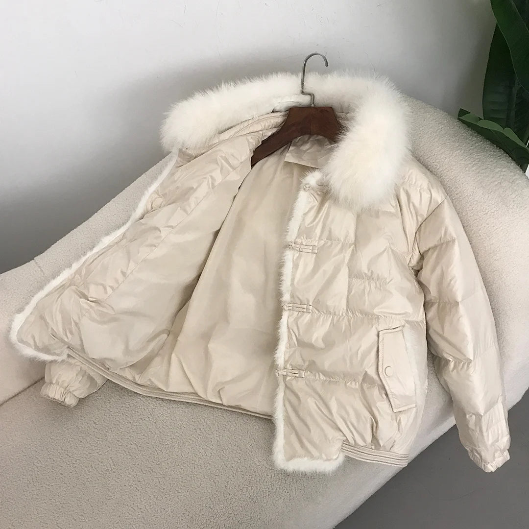 Real Fox Mink Fur Collar Coat Winter Women White Duck Down Jacket Ladies Short Warm Puffer Female Loose Vintage Parka Outerwear