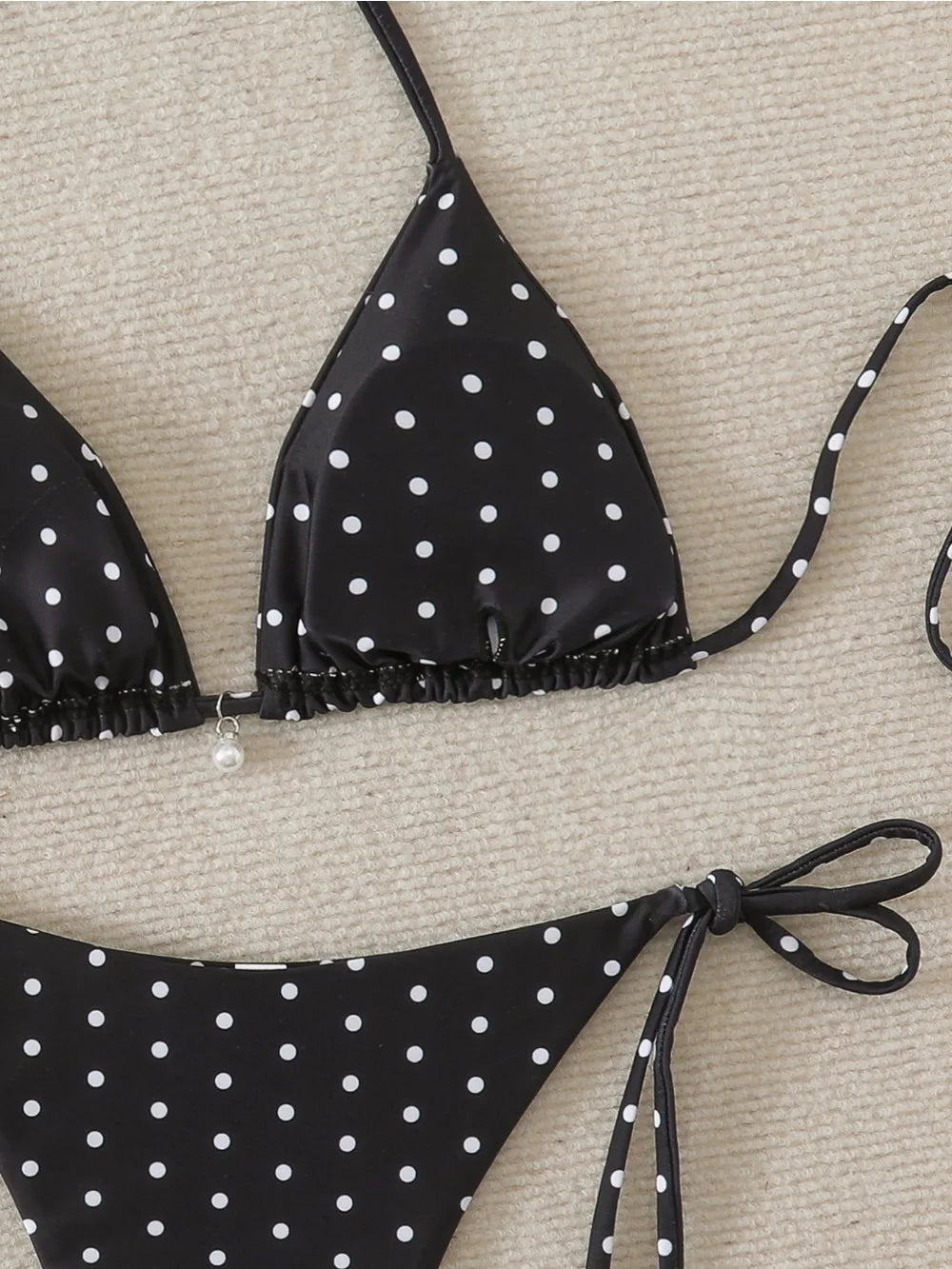Women's Sexy Polka Dot Halter Bikini Set Lace-Up Low Waist Two-Piece Triangle Thong Swimwear Tie On Side Brazilian Biquinis