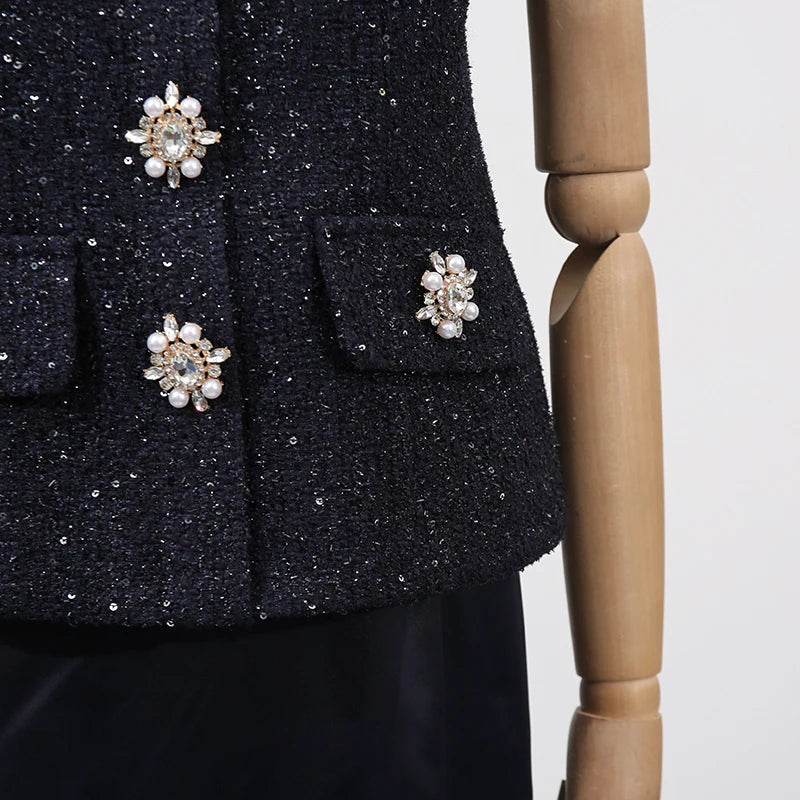 VGH Chic Two Piece Sets for Women Stand Collar Short Sleeves Spliced Pocket Tweed Top High Waist Maxi Skirts Vintage Suit Female