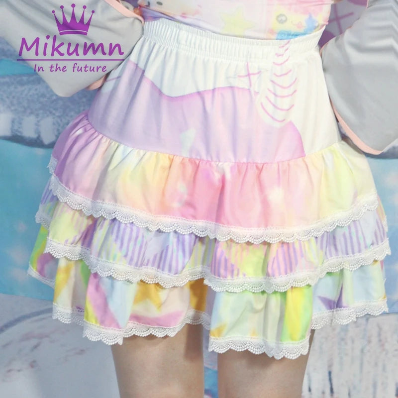 Harajuku Y2K White Blue Purple Lace Cake Skirt Womem Japanese Elastic Waist Pleated Skirt Ball Gown Kawaii Lolita Mini Skirt