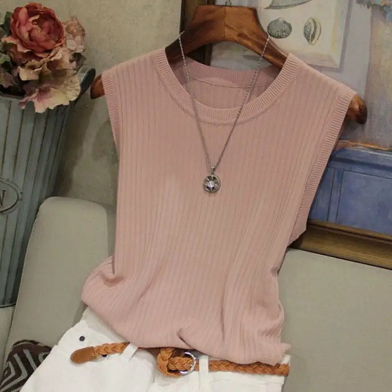 2026 Summer New Fashion Knitted Vests O-neck Sleeveless Casual Thin Tops Sleeveless Blouse Women Shirt