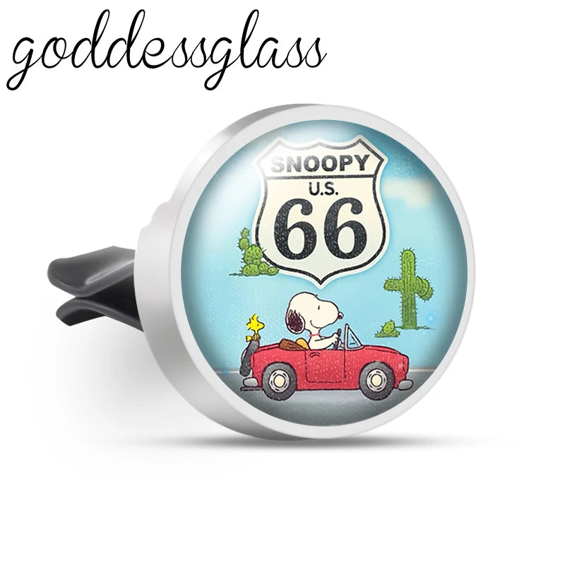 Snoopy on the Road 66 Walking Anime Photo Aromatherapy Car Decoration Clip Perfume Locket Fittings Oil Scent Gift keychain