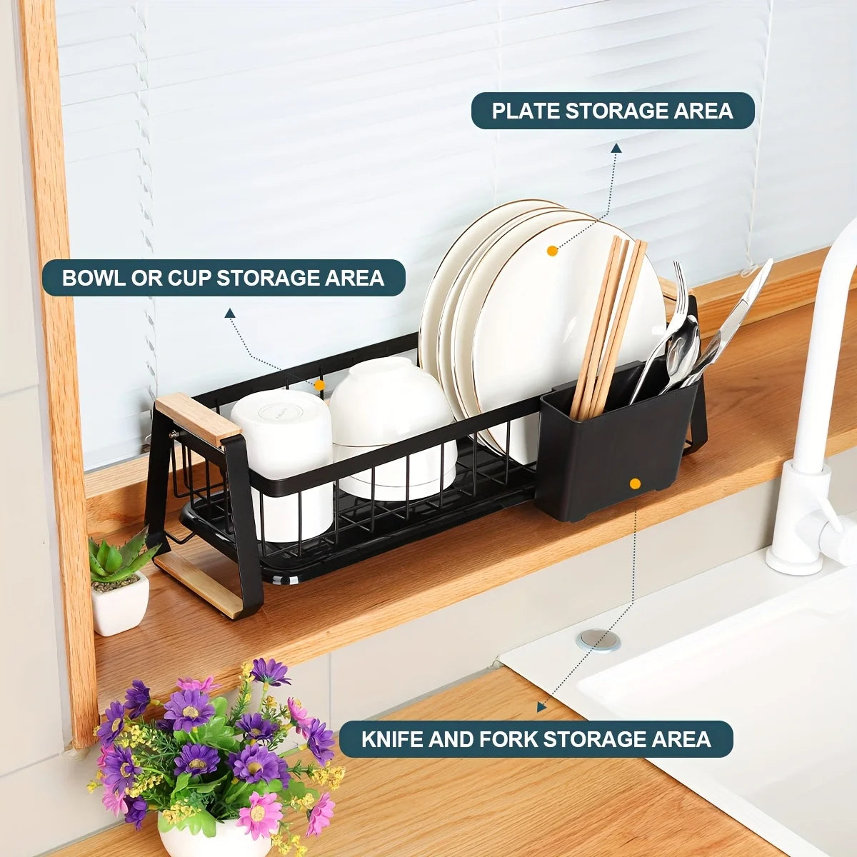 Kitchen Counter Dish Rack, Dish Drainer, Dish Drying Rack with Drainboard And Detachable Utensil Holder, Narrow Design, for Kitc