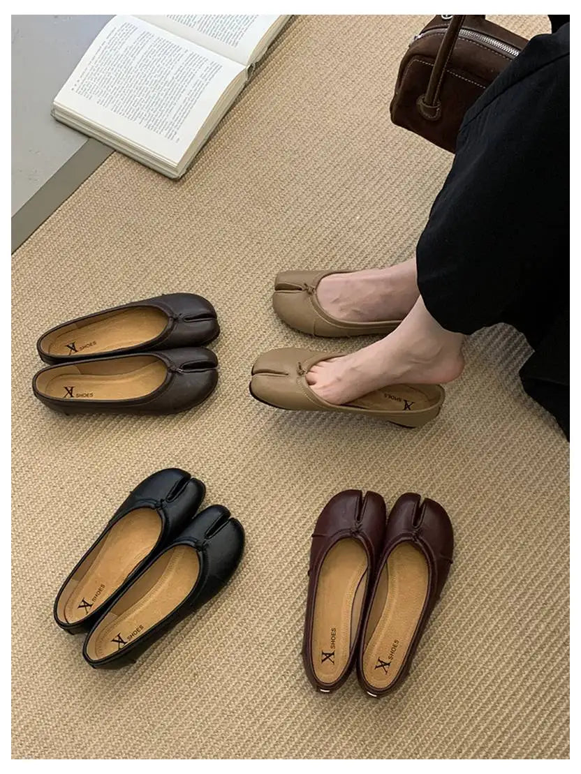 Spring Split Toe Women Ballet Flats Fashion Tabi Shoes Causal Slip On Loafer Ladies Pleated Leather Espadrilles Zapatillas Mujer