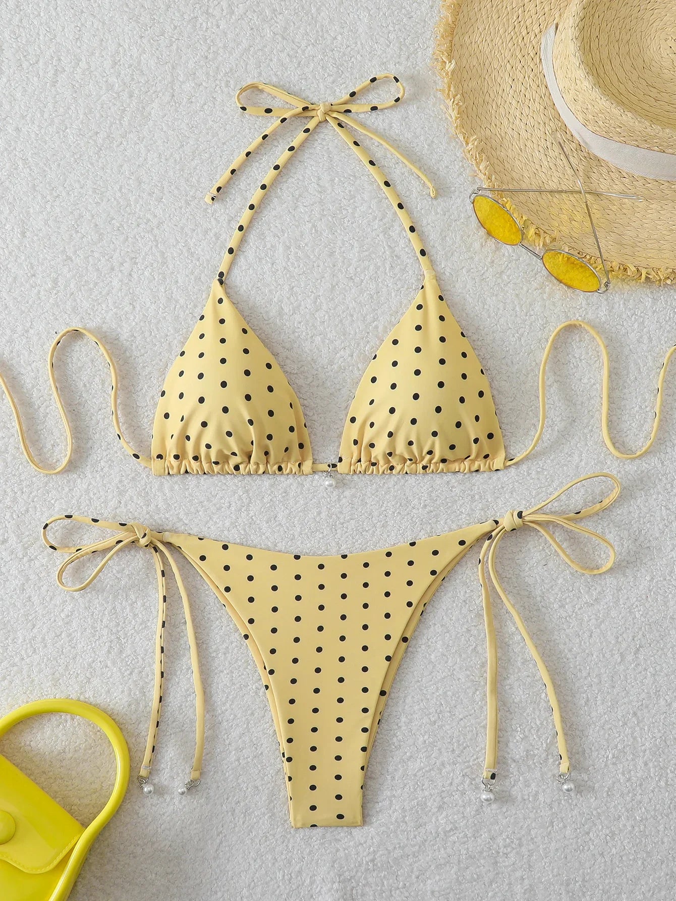 Women's Sexy Polka Dot Halter Bikini Set Lace-Up Low Waist Two-Piece Triangle Thong Swimwear Tie On Side Brazilian Biquinis