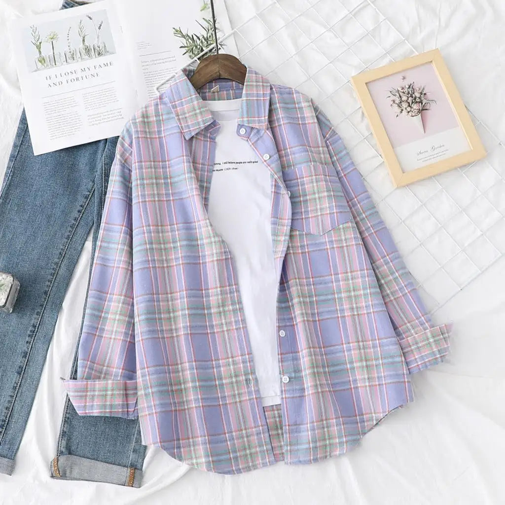Casual Women's Plaid Shirt 2025 Spring Autumn New Ladies Loose Blouse and Tops Female Long Sleeve Shirts Fresh Checked Clothes