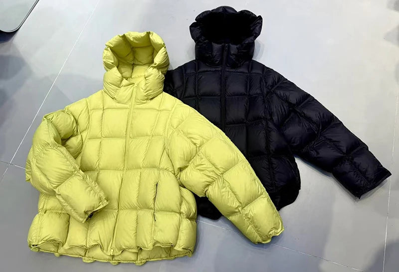 Schinteon Women Light White Down Jacket with Hood Loose Over Size Casual Autumn Winter Outwear Square Warm Short Coat 2026 New