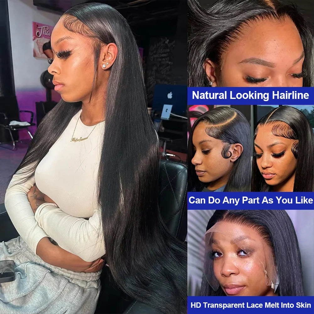 13x4 Bone Straight 250% Density Human Hair Wig 13x6 HD Lace Frontal Wig 40 Inch Natural Black Glueless Lace Front Wig for Women