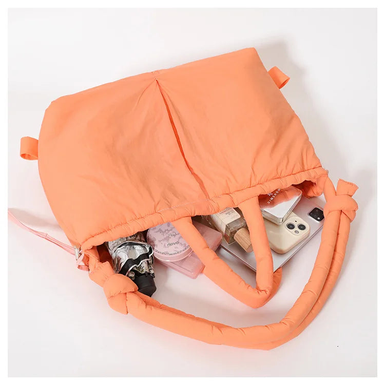 Casual nylon padded tote bag designer soft puffer women shoulder crossbody bags Simple Vintage large capacity handbags 2026