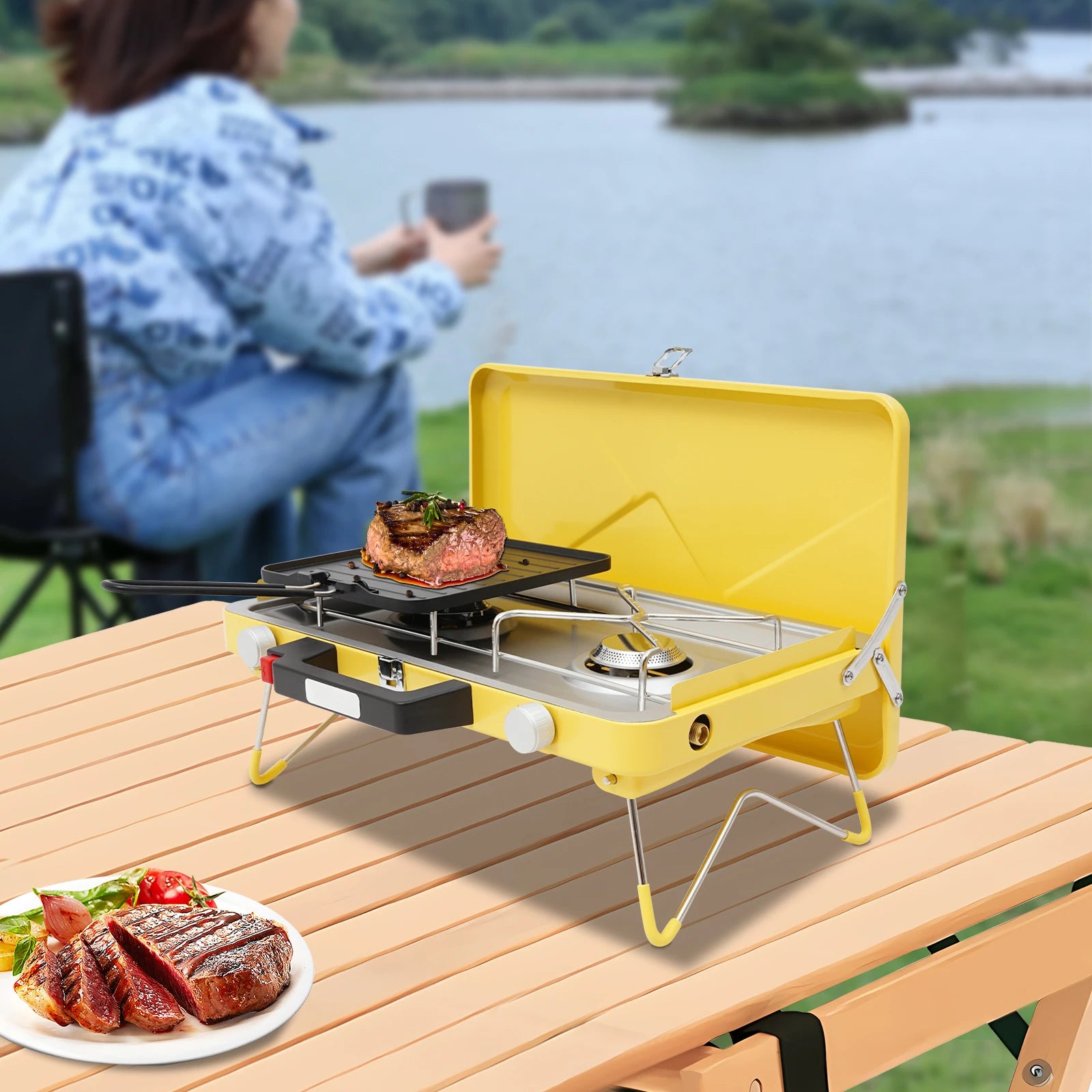 Portable Outdoor Gas Stove,Camping Stove 2 Burners 3500W with Windshield for Picnic,Camping,Family Dinner Yellow