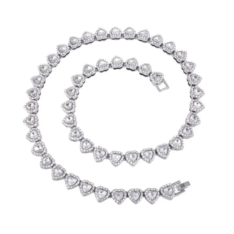 45CM New Hip Hop Tennis Chain Bracelet Necklace Shiny Heart Rhinestone CZ Fashion Rock Party Jewelry