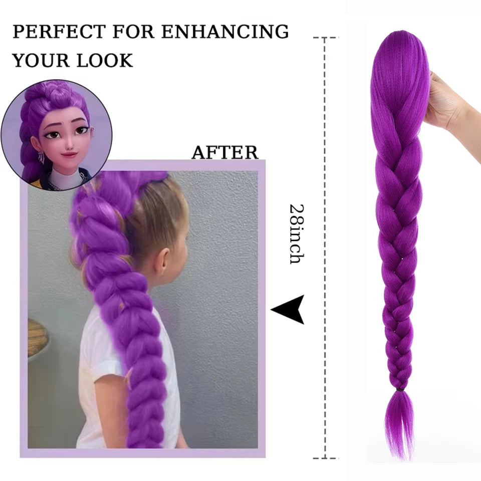 28inch Synthetic Hair Long Braided Purple Hair Ponytail Extensions Rumi Hairstyle Claw Clip Hair Wig for Kids for Chritmas Party