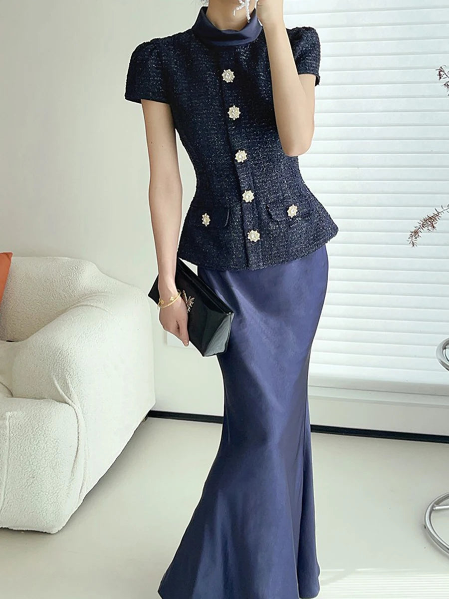 VGH Chic Two Piece Sets for Women Stand Collar Short Sleeves Spliced Pocket Tweed Top High Waist Maxi Skirts Vintage Suit Female