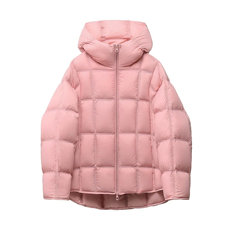 Schinteon Women Light White Down Jacket with Hood Loose Over Size Casual Autumn Winter Outwear Square Warm Short Coat 2026 New