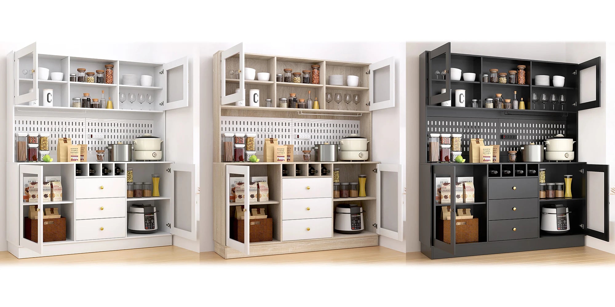 Pantry Cabinet, Kitchen Storage Cabinet, Freestanding Buffet Hutch with Pegboard, Cup Holder, Power Outlet, Black