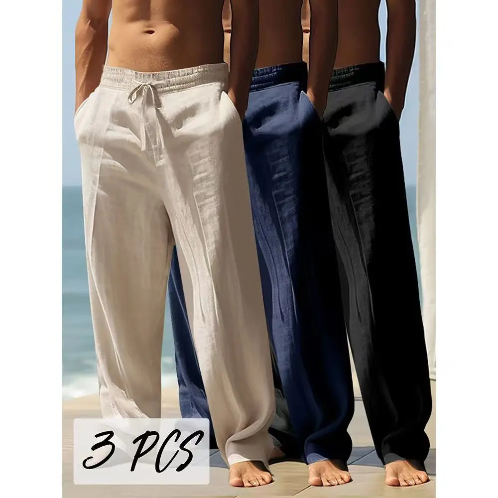 2025 Spring/Summer New Men's Cotton and Hemp Pants Fashionable and Casual Solid Color Breathable Loose Plus Wide Leg Pants M-4XL