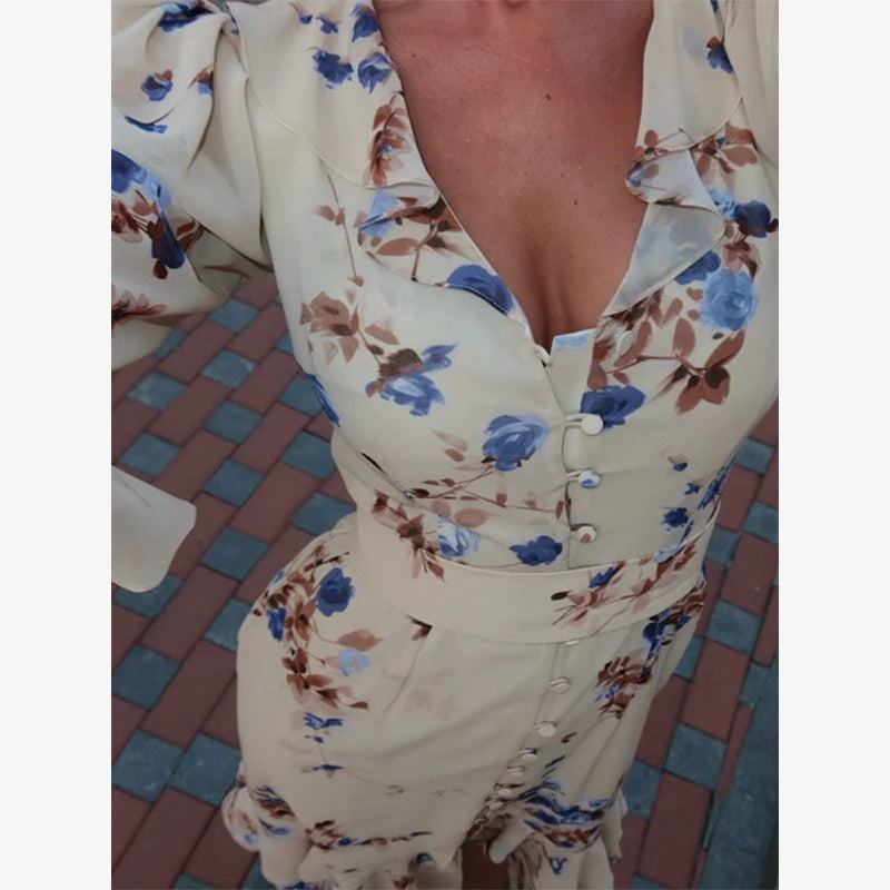 Fashion Organza Floral Printed Maxi Dress V-Neck Puff Sleeve 2026 Spring/Summer Romantic Women Party Gown Elegant Lady Vestido