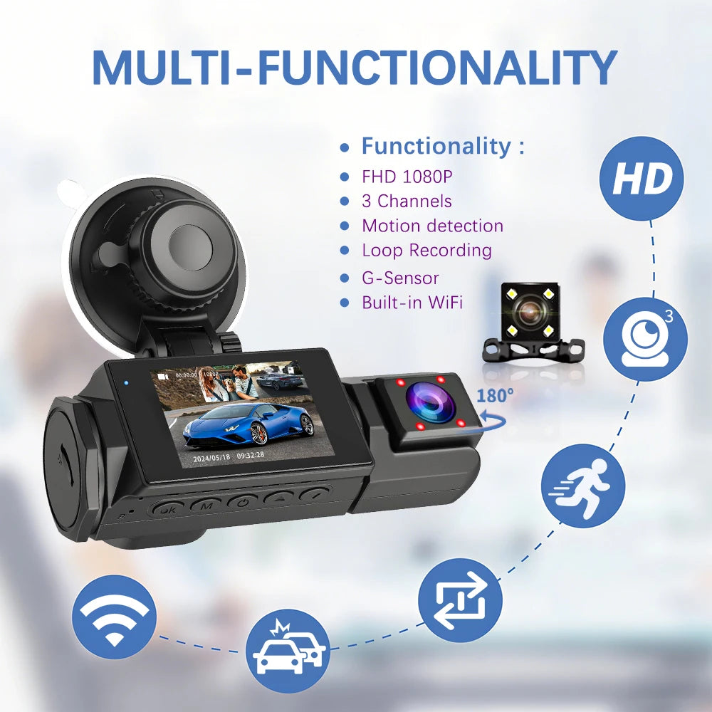 Dash Came For Cars 3 Channels FHD1080P Driving Recorder Car DVR Night Vision Loop Recording G-sensor Tachograph Dashboard Camera
