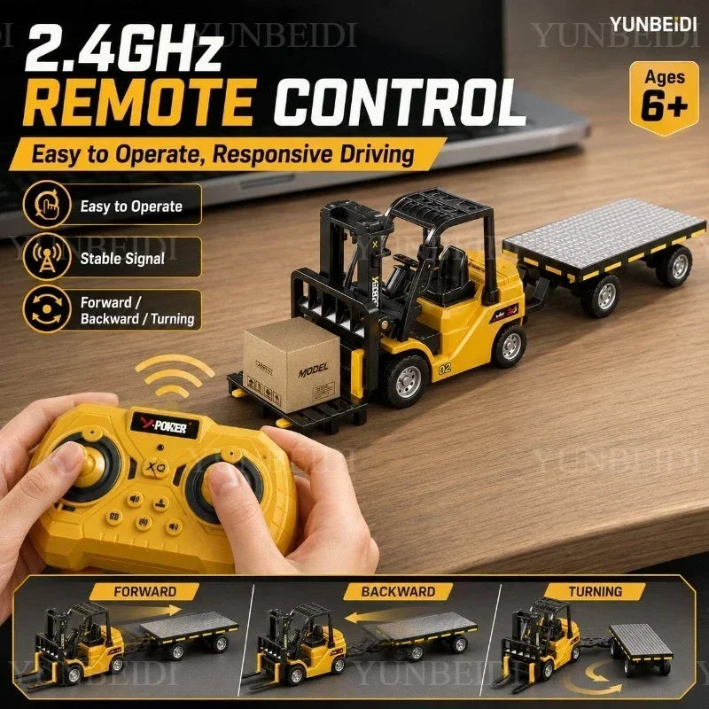 1:64 RC Mini Alloy Car Forklift with Trailer Excavator Desktop Game 2.4G Remote Control Engineering Lift Truck Child's Toy Gifts