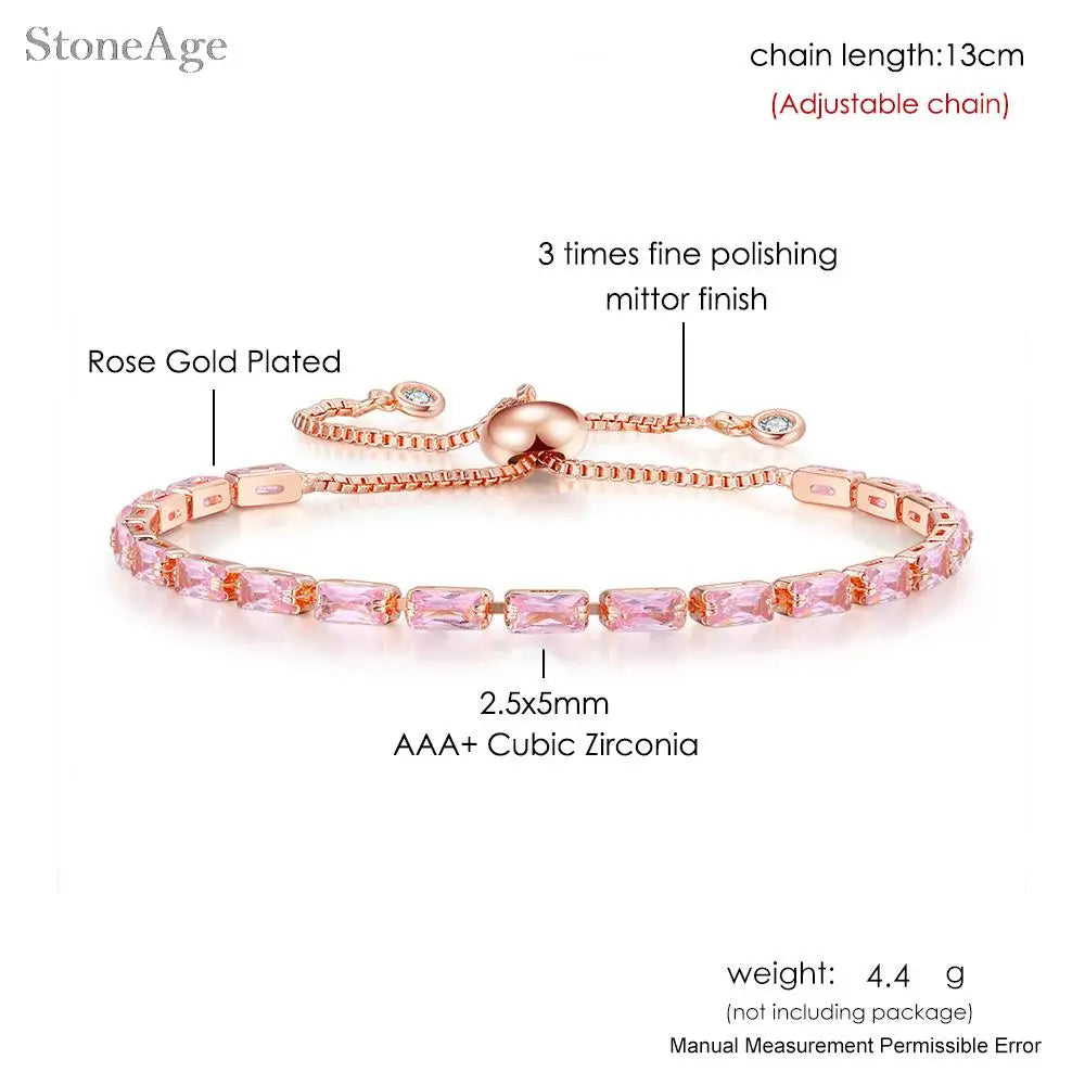 Pink Crystal Tennis Bracelets for Women Female Trend Romantic Shiny Zirconia Adjustable Folding Buckle Chain on Hand Jewelry